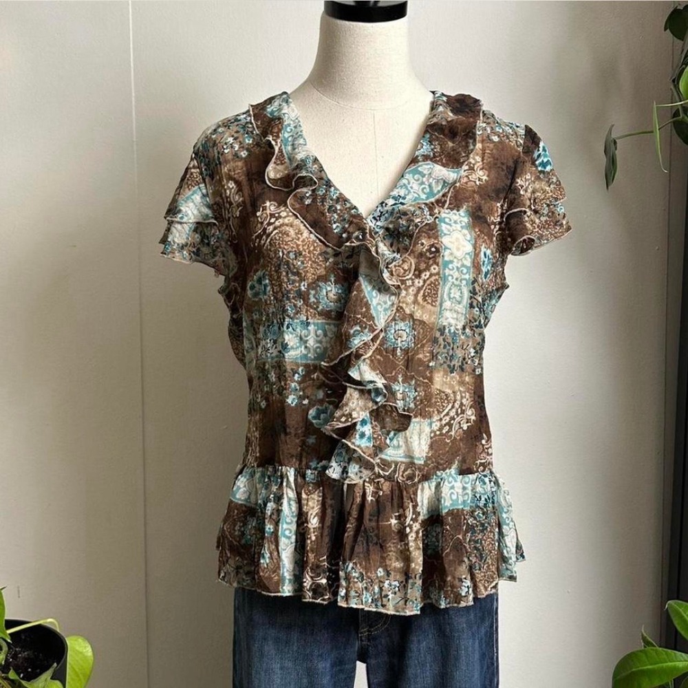 Dress Barn Women Brown Blue Floral Ruffle Sheer Accordion Stretch Blouse Large